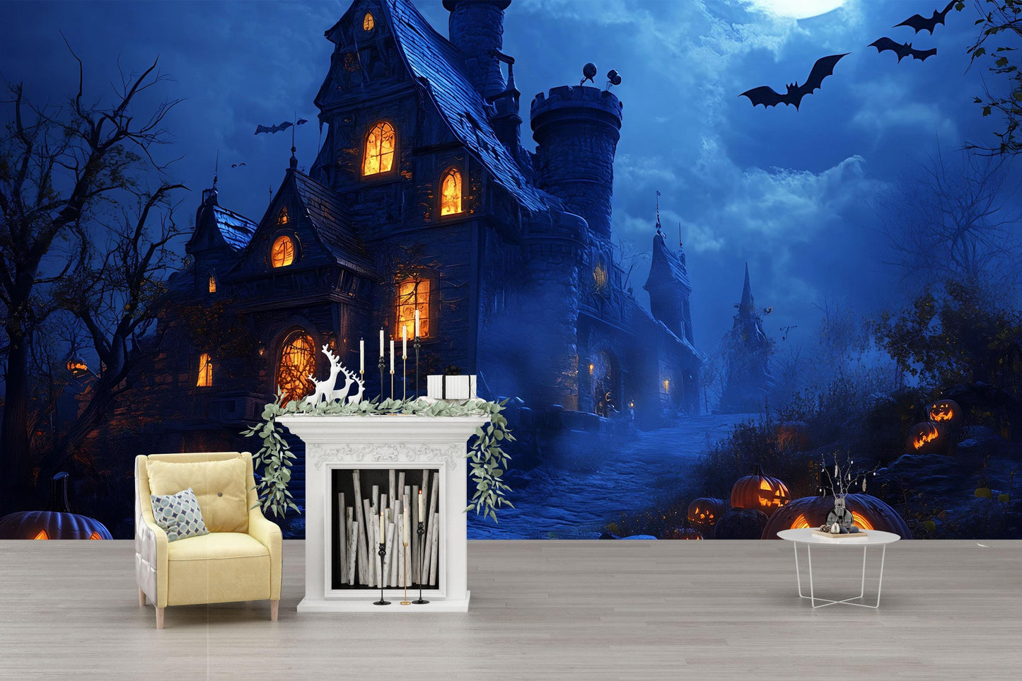 Haunted Castle & Pumpkin Patch Halloween Wall Mural – Spooky Gothic Home Décor Vn798