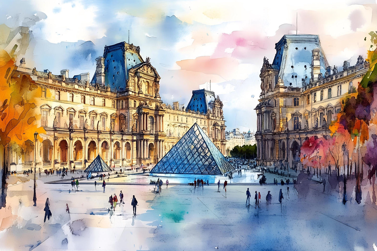 Louvre Paris Watercolor Wall Mural – Pyramid & Museum Wallpaper Vn934