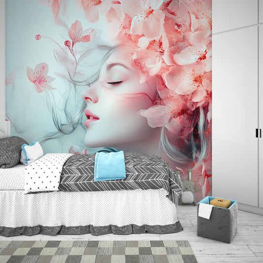 Floral Woman Wall Mural - Soft Pink Blossoms & Dreamy Face Art - Feminine Bedroom Decor - Modern Artistic Flower Wallpaper Vn269
