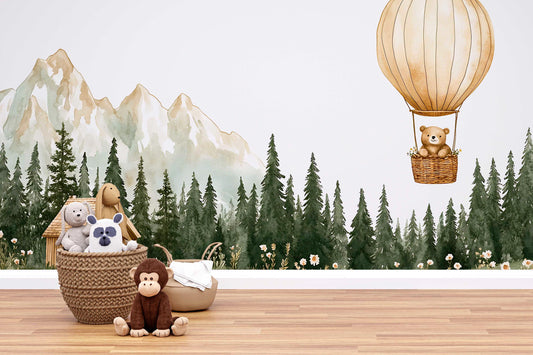 Whimsical Forest Nursery Wall Mural – Hot Air Balloon Bear, Cabin & Mountains – Kids Room Wallpaper, Woodland Baby Room Decor Vn448