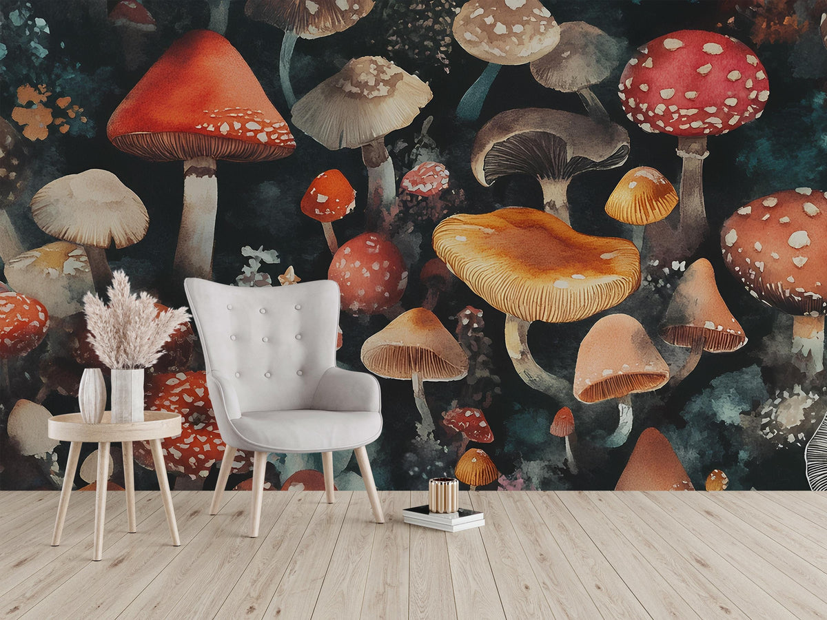Whimsical Mushroom Forest Wall Mural - Fantasy Botanical Wallpaper for Boho Home Décor, Dark Cottagecore Wall Art Vn215