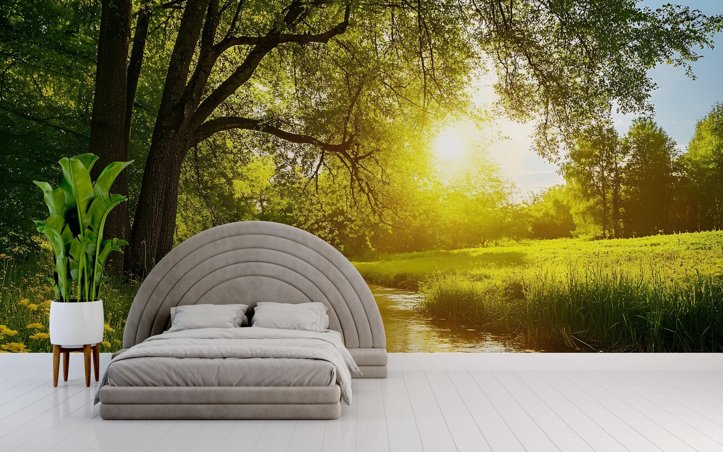 Peaceful Forest River Wall Mural for Bedroom | Tranquil Nature Sunset Wallpaper | Serene Tree Landscape Mural Decor Vn689
