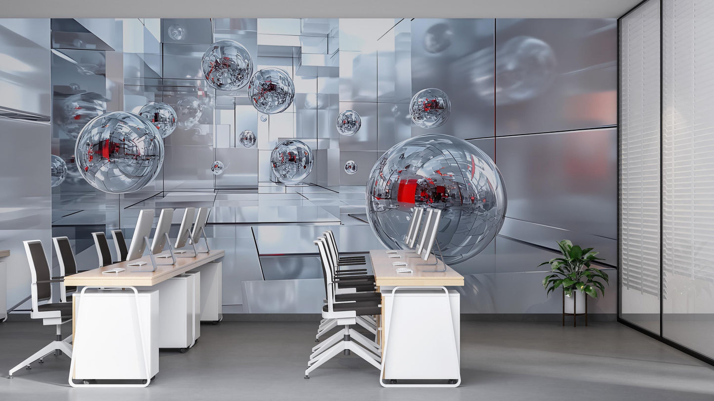 Modern Office Wall Art Mural | Futuristic 3D Abstract Tech Decor | Digital Workspace Aesthetic Vn569