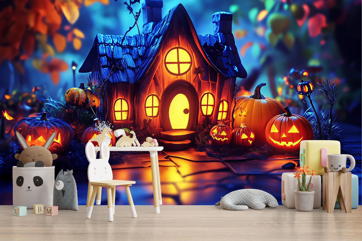 Witch & Pumpkin House Halloween Wall Mural – Cozy Spooky Home Décor Vn797