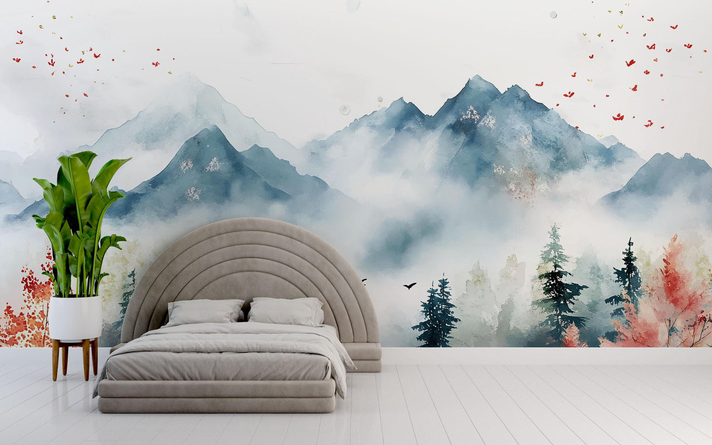 Watercolor Mountain Forest Wall Mural – Scenic Nature Bedroom Wallpaper – Misty Mountains Landscape Art – Removable Peel & Stick Vn698