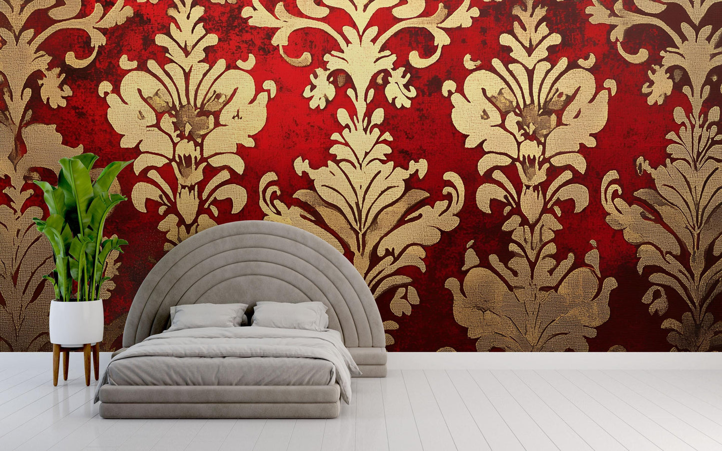 Luxury Red & Gold Damask Wall Mural – Baroque Elegant Accent Wallpaper Vn635