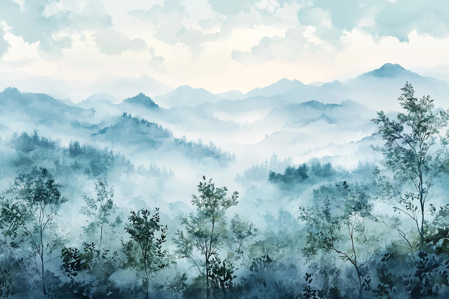 Misty Mountain Forest Wallpaper – Watercolor Nature Wall Mural for Bedroom & Living Room Vn1015