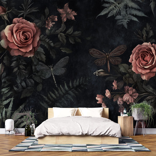 Dark Rose & Dragonfly Wall Art – Vintage Botanical Print Vn956