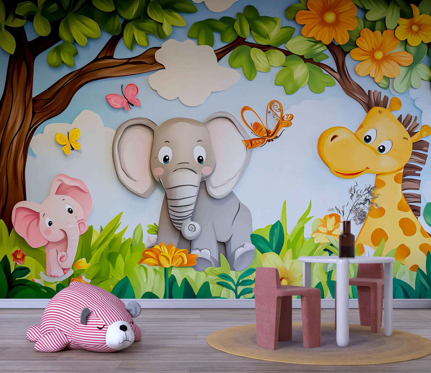 Jungle Safari Animal Wall Mural for Kids Room – Elephant Giraffe Cartoon Nursery Decor Vn616