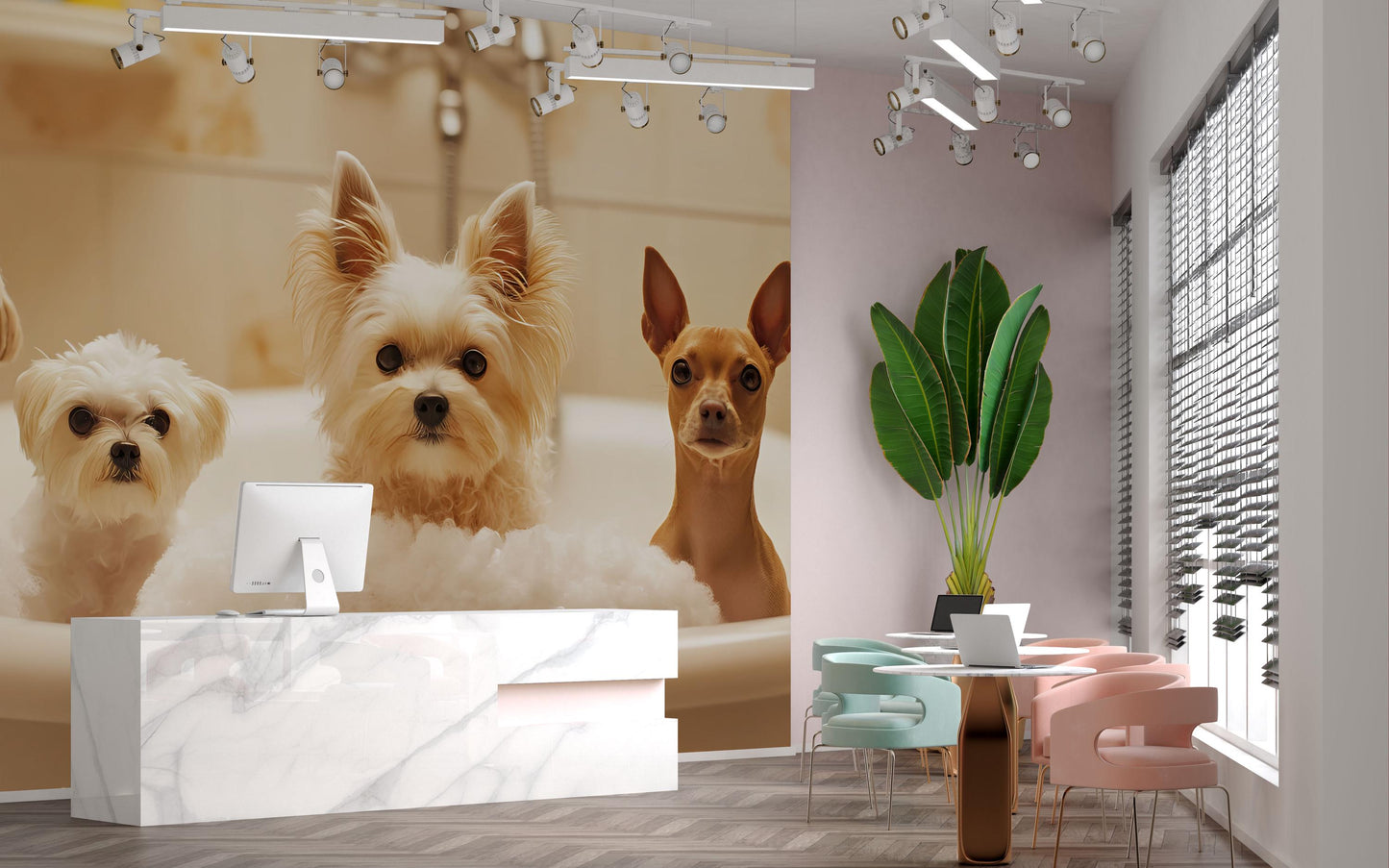 Cute Puppy Bathtub Wall Mural - Dog Bath Scene Wallpaper for Pet Lovers Vn677