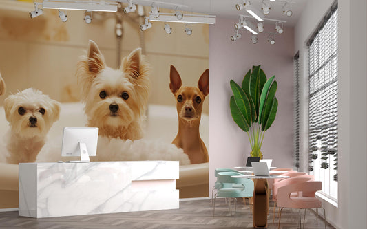 Cute Puppy Bathtub Wall Mural - Dog Bath Scene Wallpaper for Pet Lovers Vn677