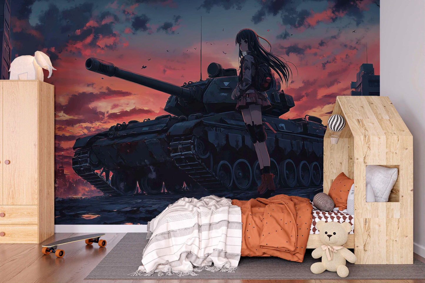 Anime Girl & Tank Wall Mural – Sunset War Scene Art, Japanese Manga Office Decor, Large Anime Wallpaper Poster Vn455