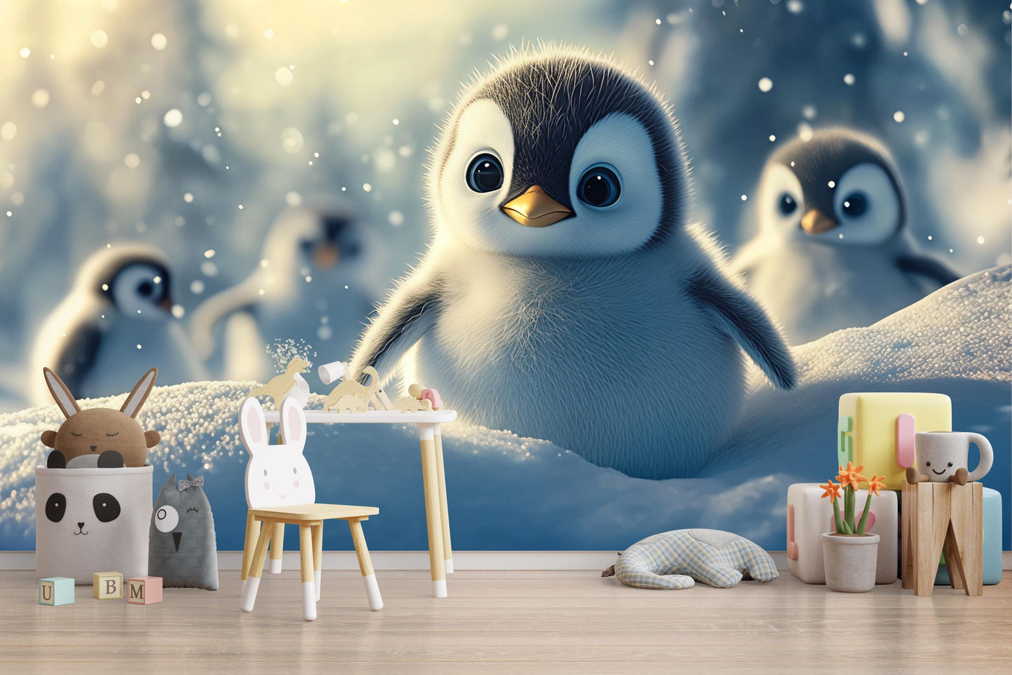 Penguin Nursery Wall Mural – Cute Winter Baby Animal Wallpaper for Kids Room Vn528