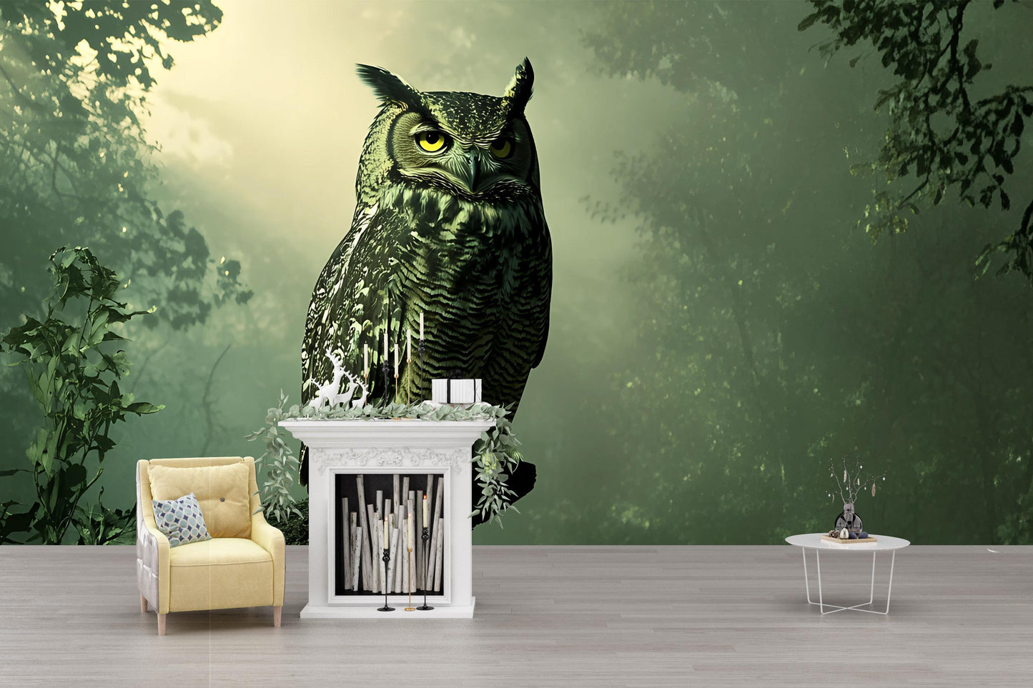 Owl Forest Wall Mural – Majestic Owl Wallpaper for Living Room, Nature Woodland Wall Art, Removable Peel and Stick Wall Decor Vn502