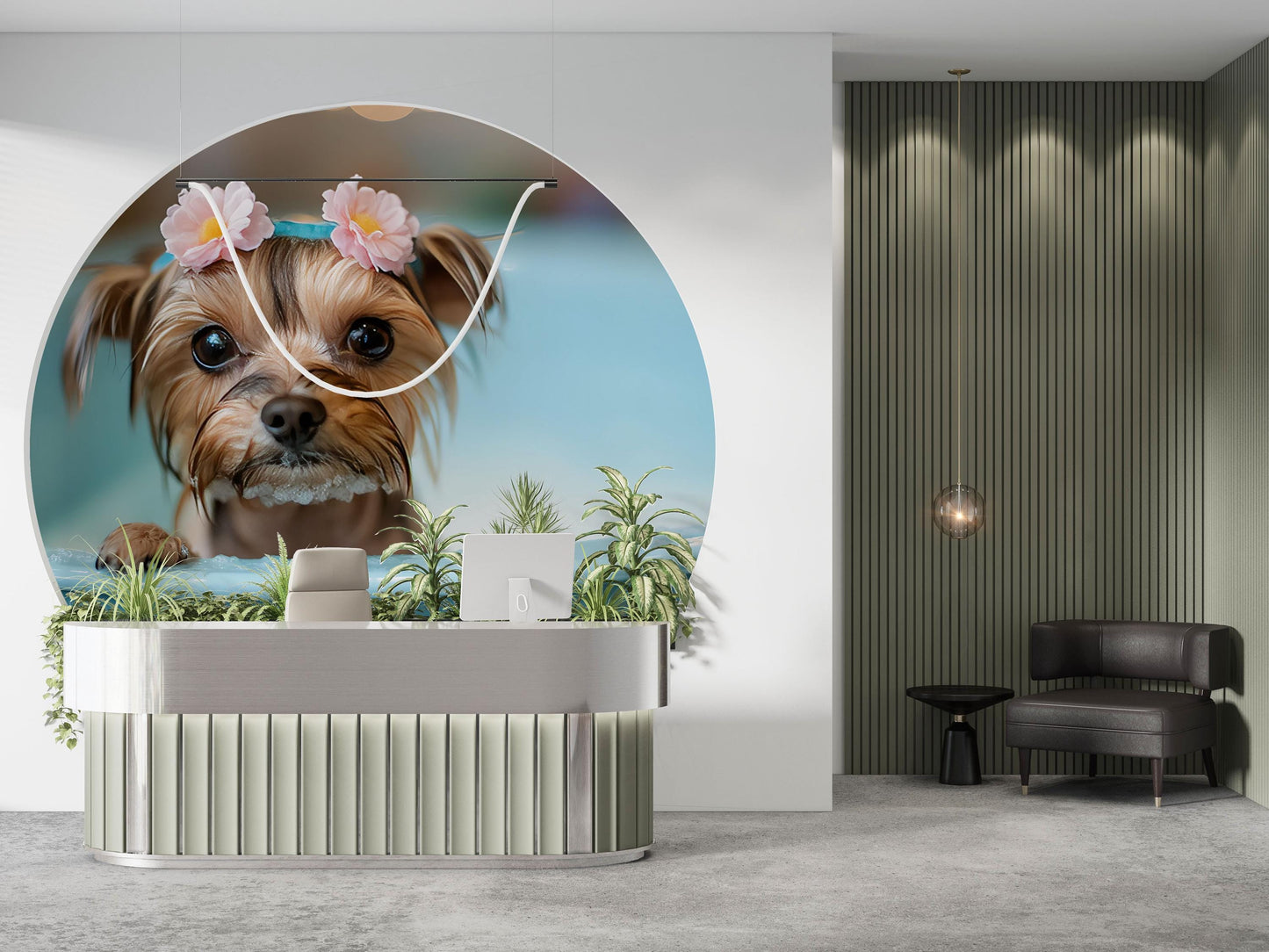 Cute Yorkie Dog Wall Mural - Bathtime Puppy Decor - Flower Crown Art Print - Whimsical Pet Room Wallpaper - Dog Lover Gift Vn680