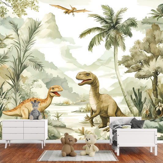 Dinosaur Jungle Wallpaper Mural for Kids Room – Boys Bedroom Decor with T-Rex & Raptor –  Wall Art Vn005