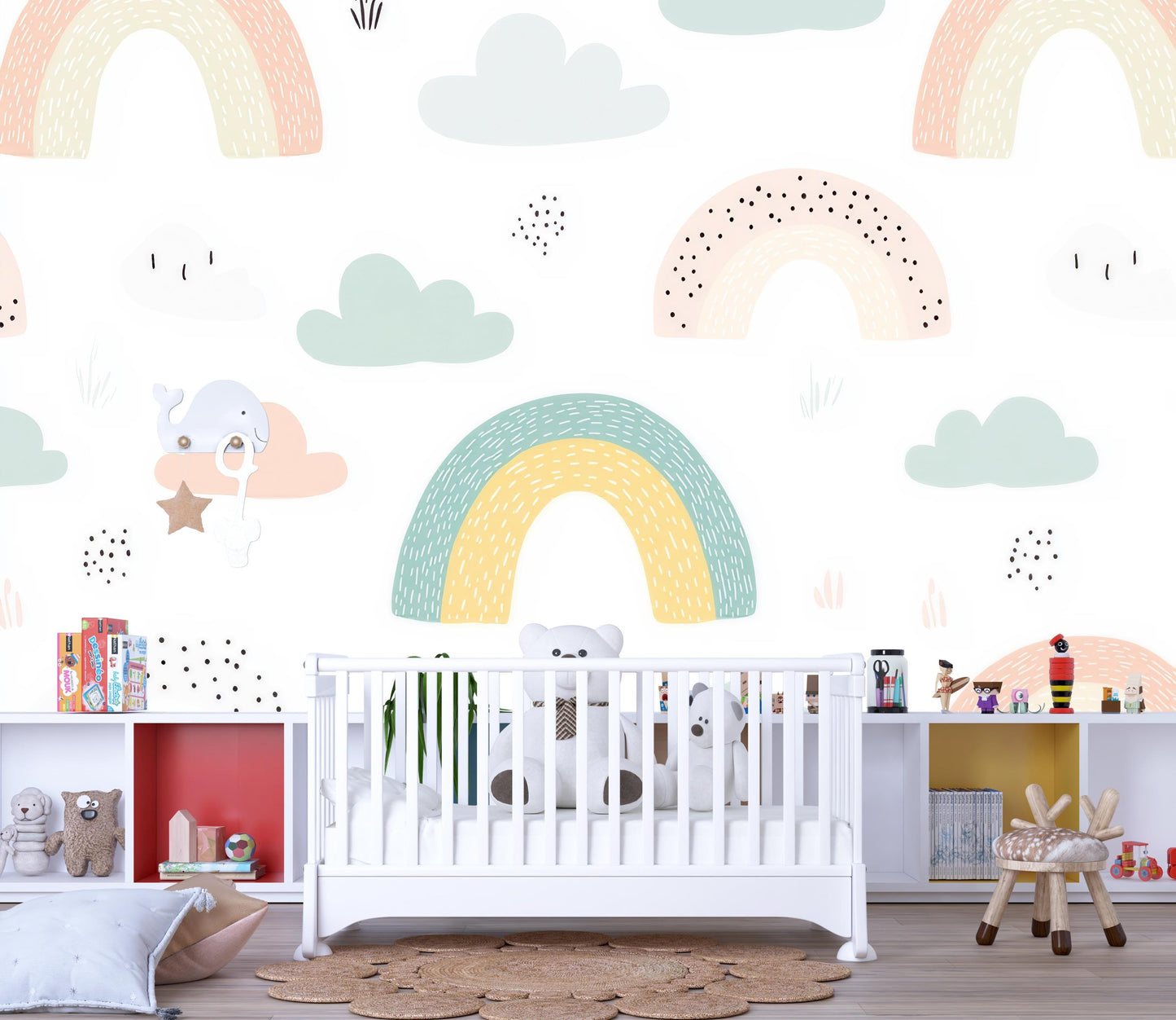 Pastel Rainbow Wall Mural – Kids Room Wallpaper with Cute Clouds for Nursery Decor Vn982