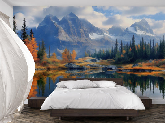 Mountain Lake Wall Mural – Scenic Nature Wallpaper for Bedroom, Forest & Alpine Landscape Art, Large Removable Wall Decor Vn252