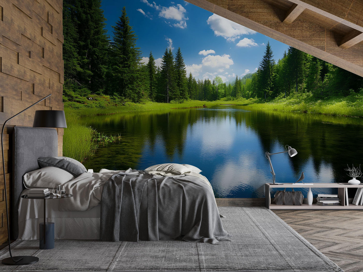 Tranquil Forest Lake Wall Mural – Nature Bedroom Wallpaper, Scenic Lake View Mural for Tranquil Interior Decor Vn685