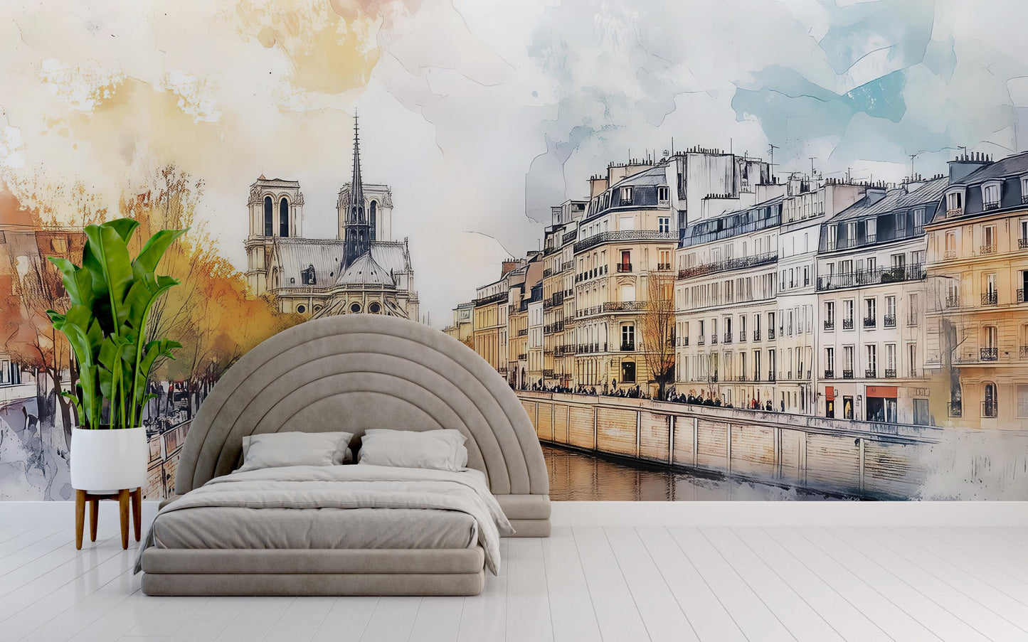 Notre Dame Wall Mural – Paris Watercolor Cityscape Wallpaper Vn929