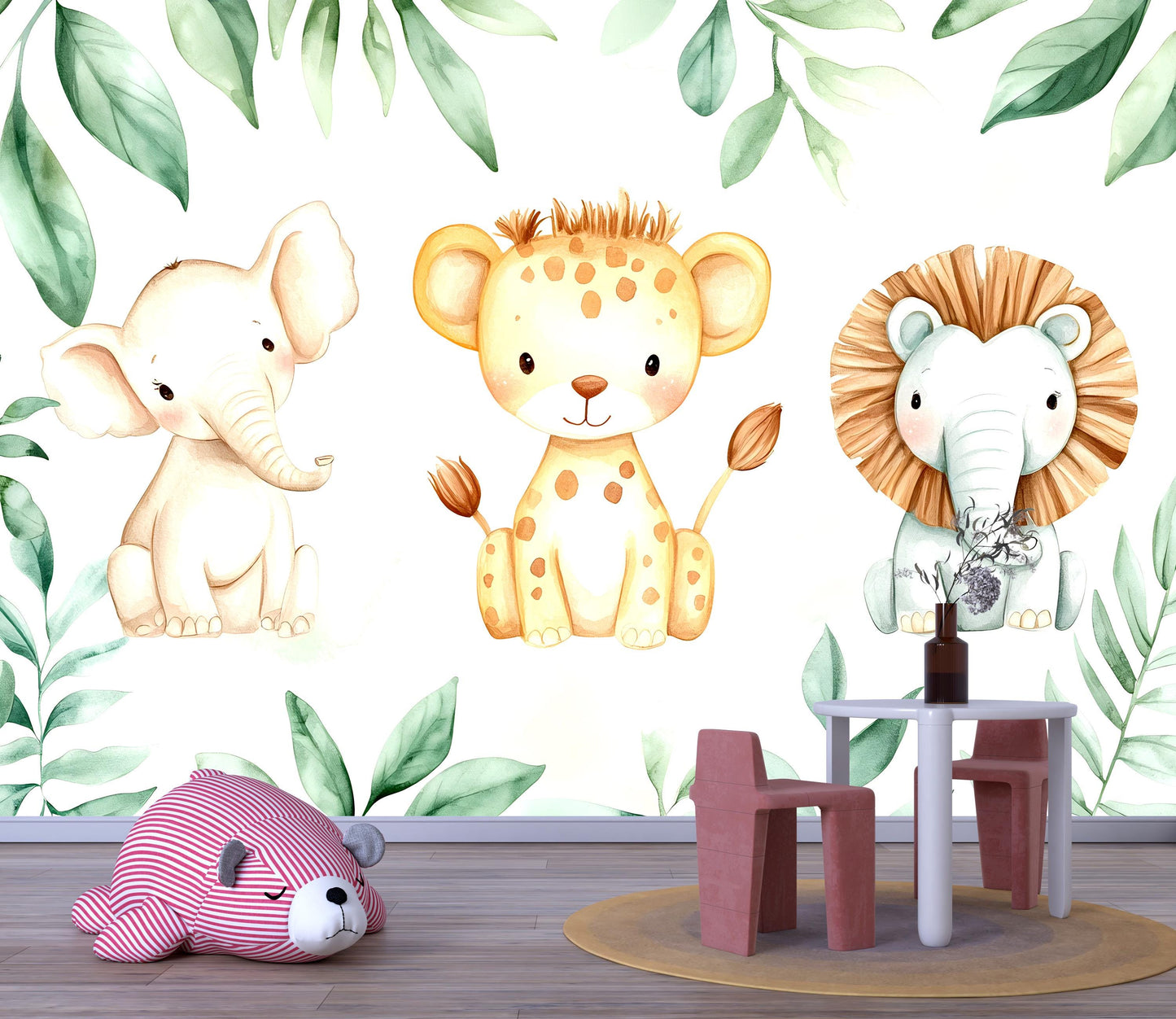 Safari Animal Wall Mural – Cute Lion Elephant Leopard Nursery Wallpaper Vn991