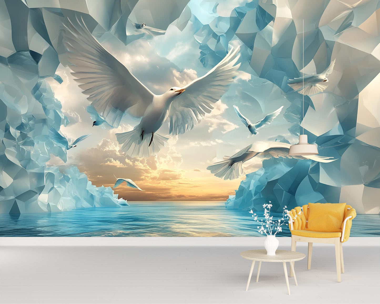 Soaring Birds 3D Wall Mural – Sky & Ocean Scene with White Doves | Modern Nature-Inspired Peel  Stick Wallpaper Vn577