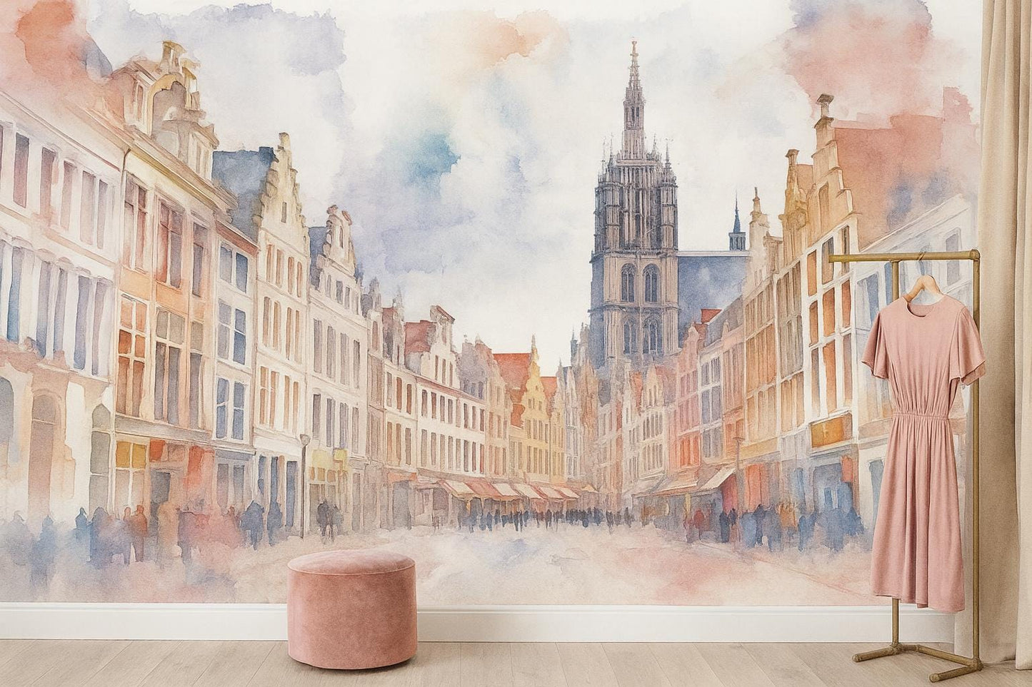 Antwerp Belgium Wall Mural – Cathedral & Historic Street Watercolor Wallpaper Vn940