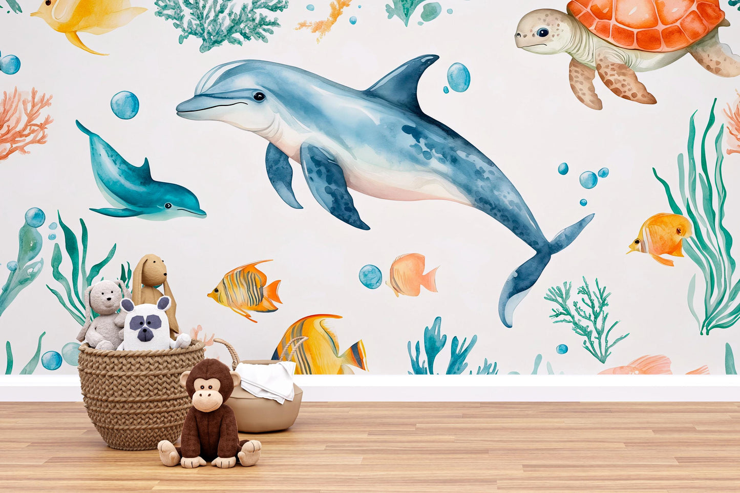 Dolphin Wall Mural – Ocean Nursery Wallpaper with Sea Turtle & Tropical Fish Vn986
