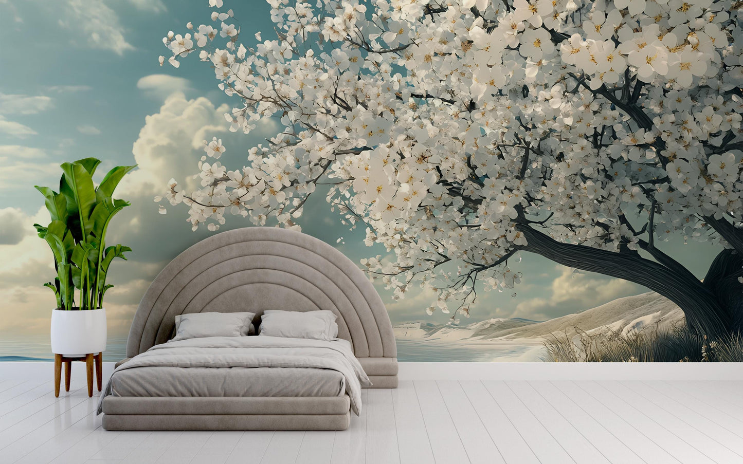Cherry Blossom Tree Wall Mural | Coastal Bedroom Wall Art | Tranquil Beach Landscape Wallpaper | Boho Japandi Decor Accent Vn571