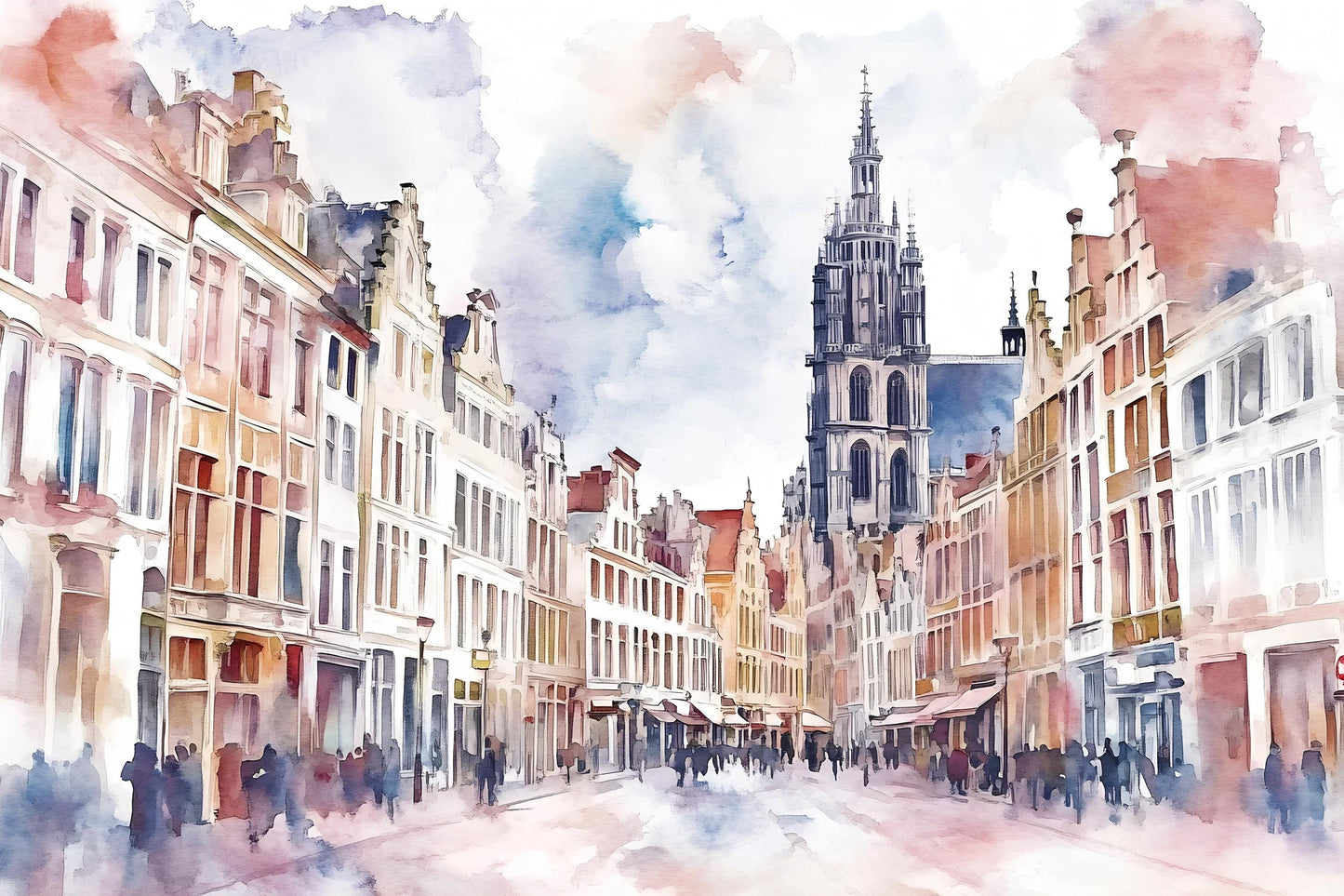 Antwerp Belgium Wall Mural – Cathedral & Historic Street Watercolor Wallpaper Vn940