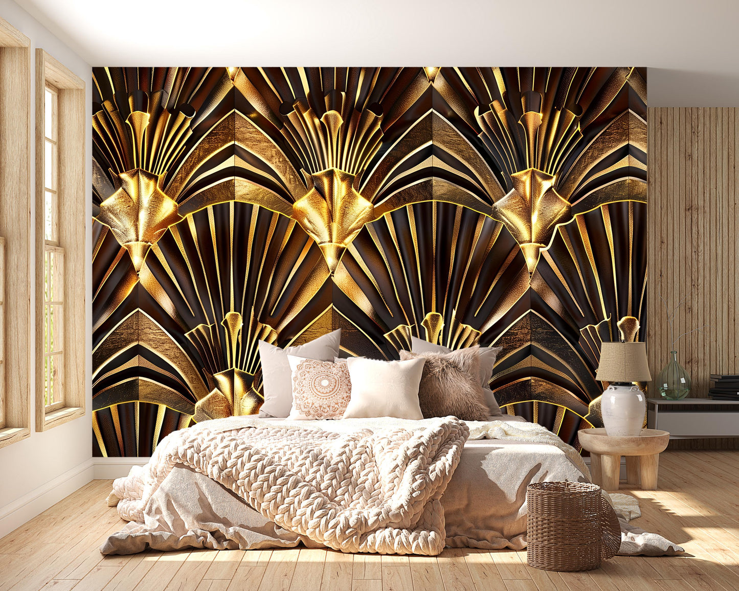 Art Deco Wall Mural – Luxury Gold & Black Geometric Wallpaper, Glam Accent Wall Decor for Bedroom, Living Room or Lounge Vn1083