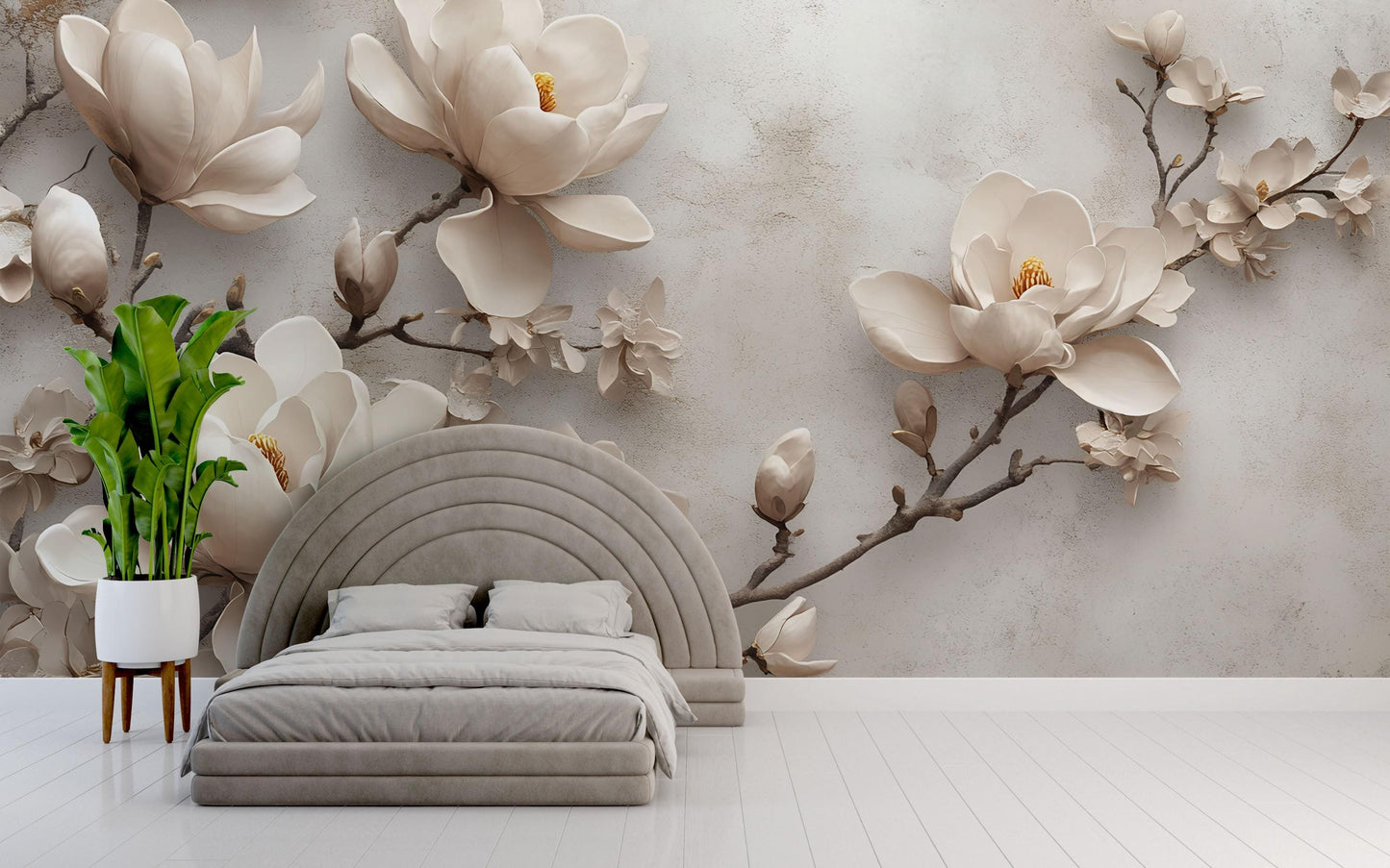 Beige Magnolia Flower Mural – 3D Effect Botanical Wall Art for Bedroom or Living Room Vn768