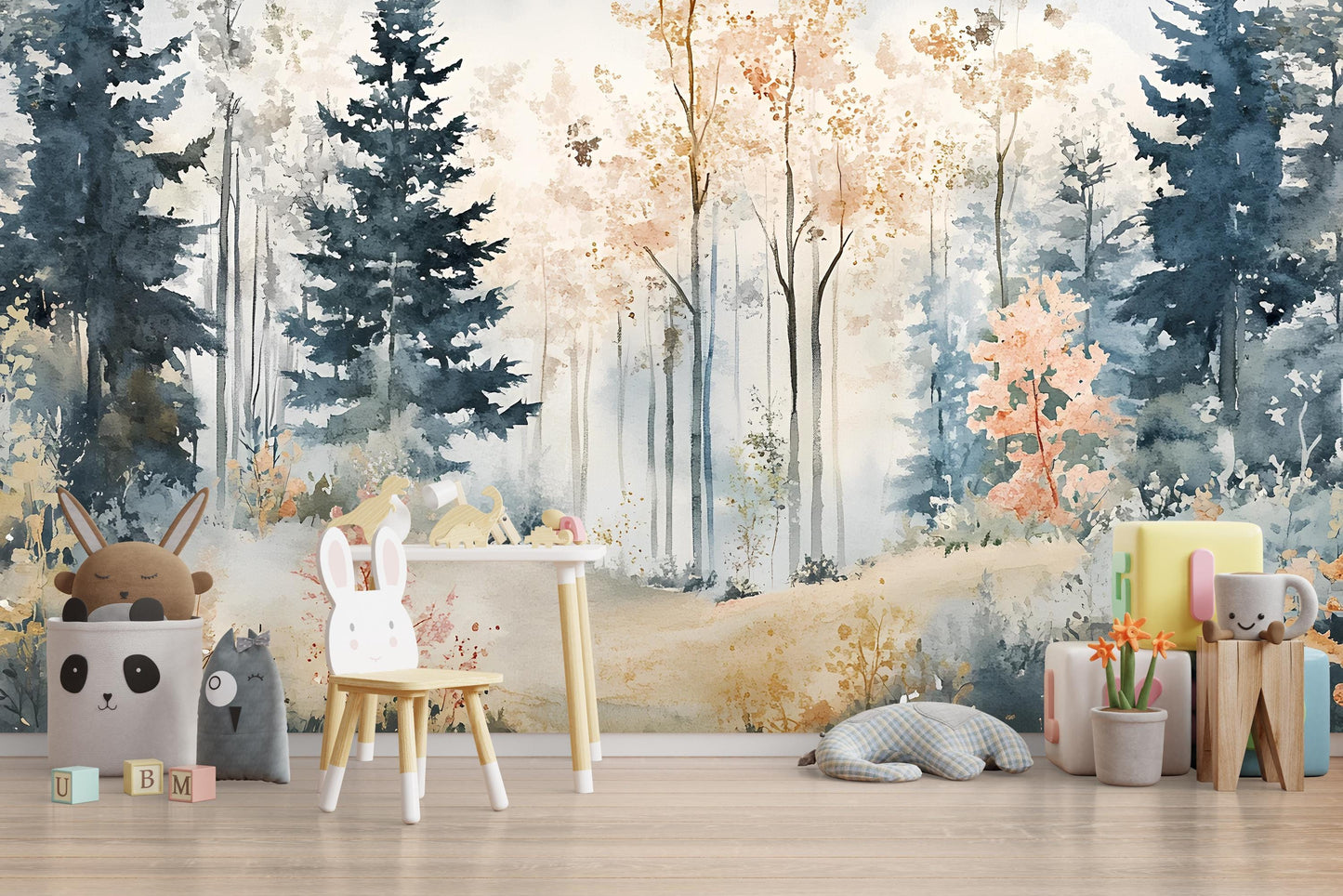 Whimsical Forest Wall Mural for Kids Room – Soft Watercolor Woodland Wallpaper with Trees Vn562