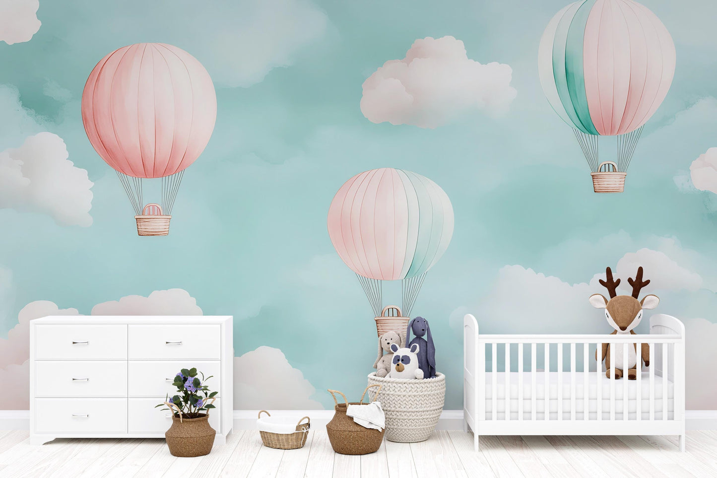 Hot Air Balloon Mural – Cloud Sky Nursery Wallpaper Baby Room Decor Vn994