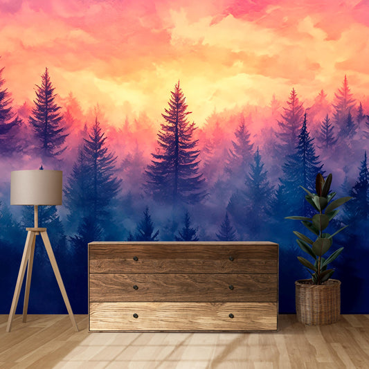 Pink Sunset Forest Wall Mural – Misty Pine Trees Wallpaper – Dreamy Nature Landscape Art for Living Room Vn249