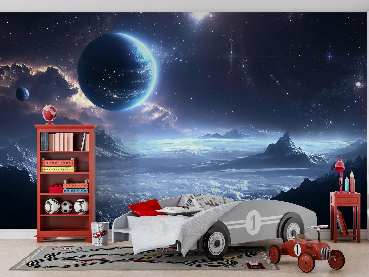 Blue Cosmic Planet Wall Mural – Galaxy Wallpaper for Kids Bedroom Decor Vn871