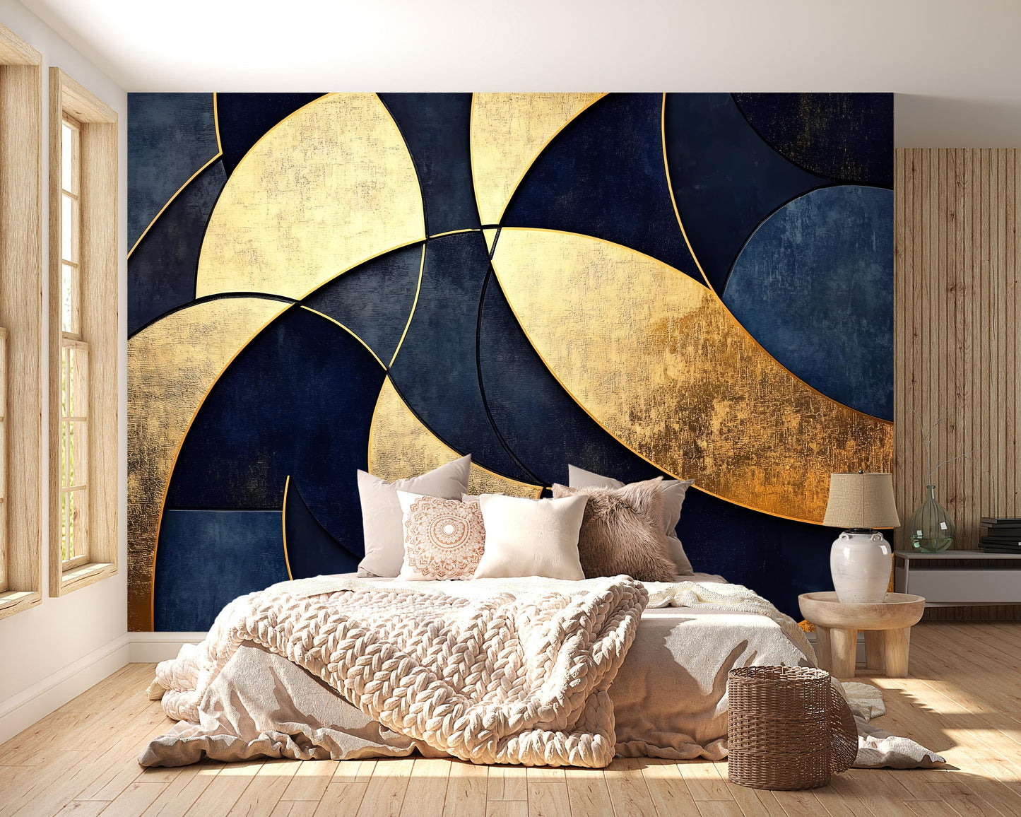 Gold Navy Abstract Wall Mural – Luxury Geometric Wallpaper Vn964