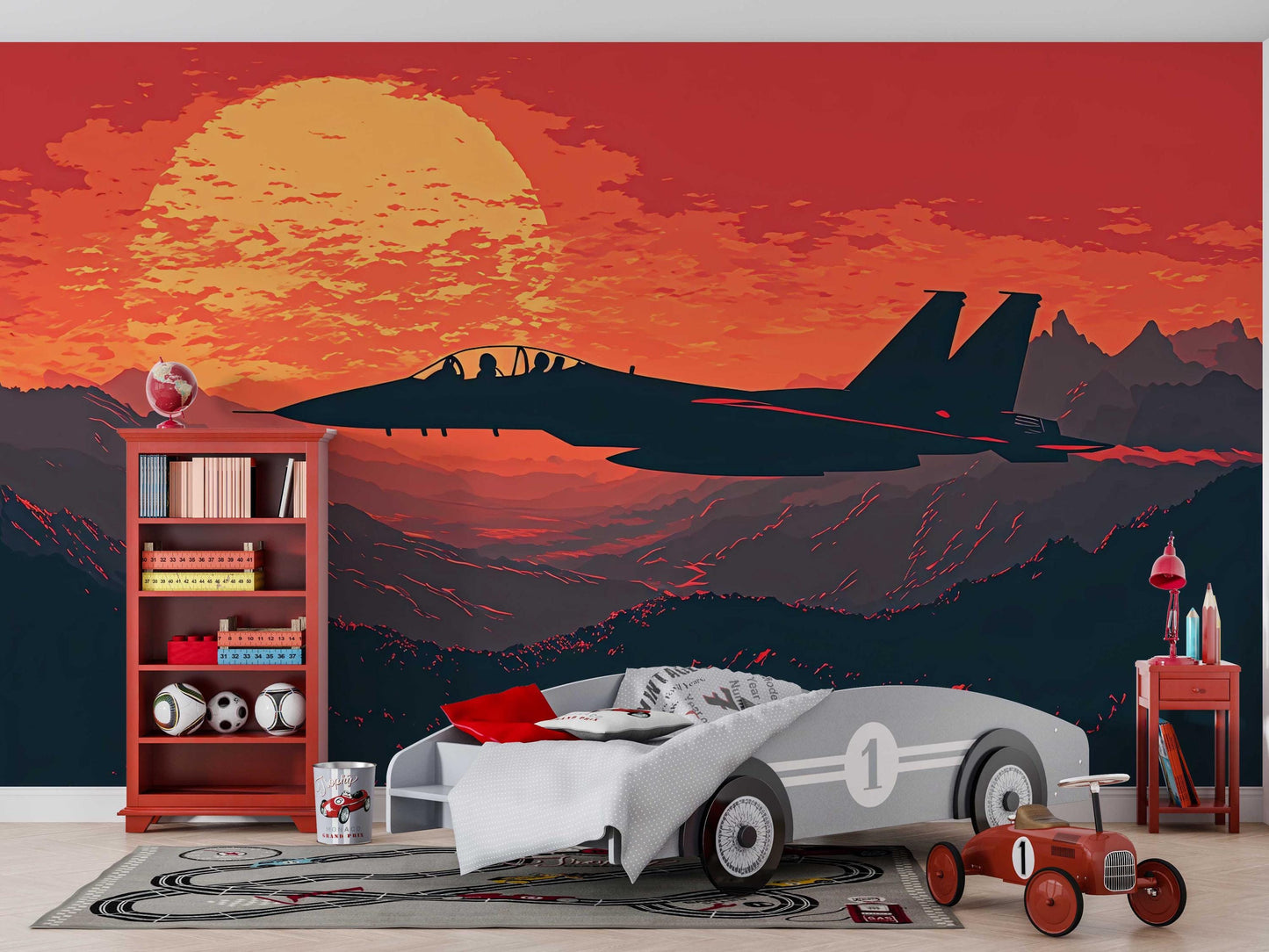 Jet Fighter Sunset Wall Mural – Retro Military Aircraft Wall Art – Bold Aviation Decor for Boys Room, Office or Pilot Gift Vn451