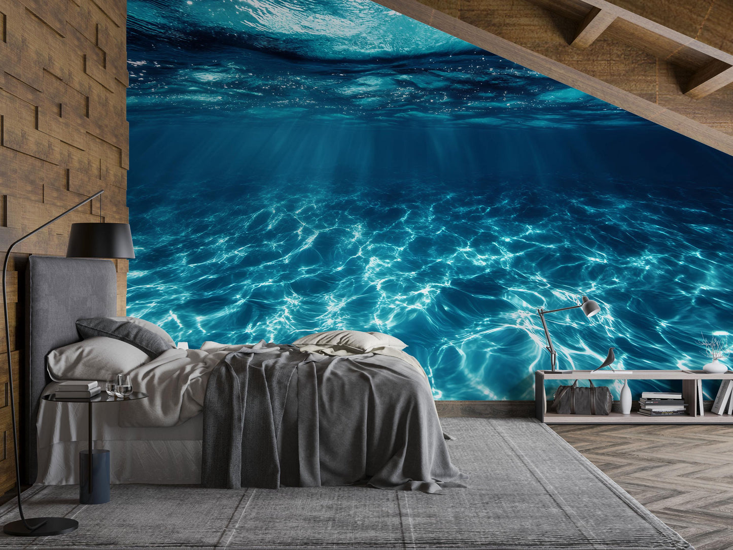 Underwater Ocean Wave Wall Mural – 3D Realistic Sea Water Wallpaper for Bedroom, Coastal Decor Vn742