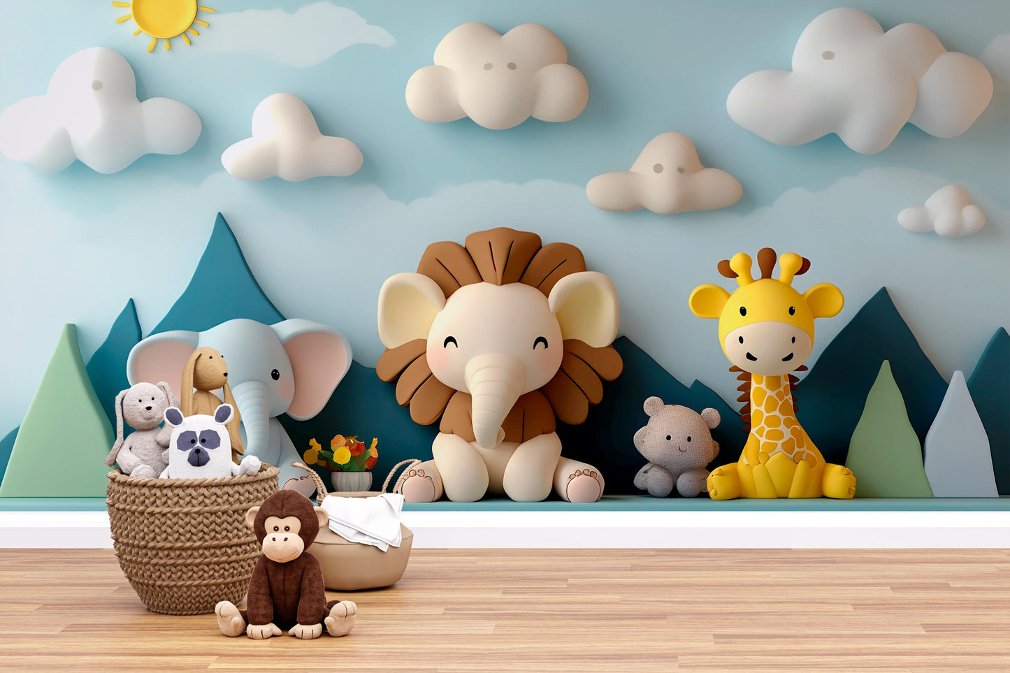Safari Animal Nursery Wall Art – Jungle Theme Baby Room Decor, 3D Effect Safari Mural with Lion, Elephant, Giraffe Vn430