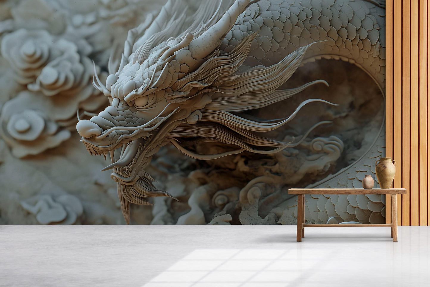 3D Asian Dragon Wall Mural | Mythical Beast Wallpaper | Serene Zen Home Decor | Fantasy Oriental Dragon Art Print Vn594