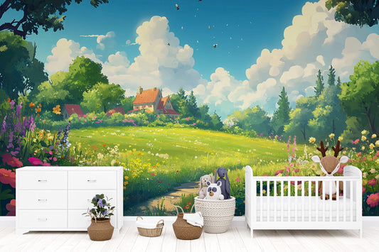 Cottagecore Nursery Wall Mural – Whimsical Floral Meadow Wallpaper for Kids Room, Cozy Pastel Decor, Fairytale Landscape Art Vn703