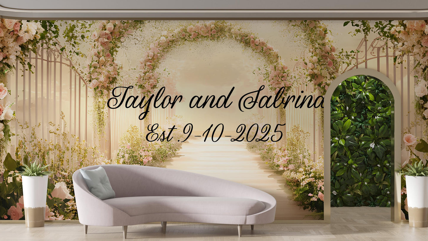 Elegant Floral Wedding Backdrop Sign - Personalized Arch Design with Names & Date - Custom Wedding Decor Vn510
