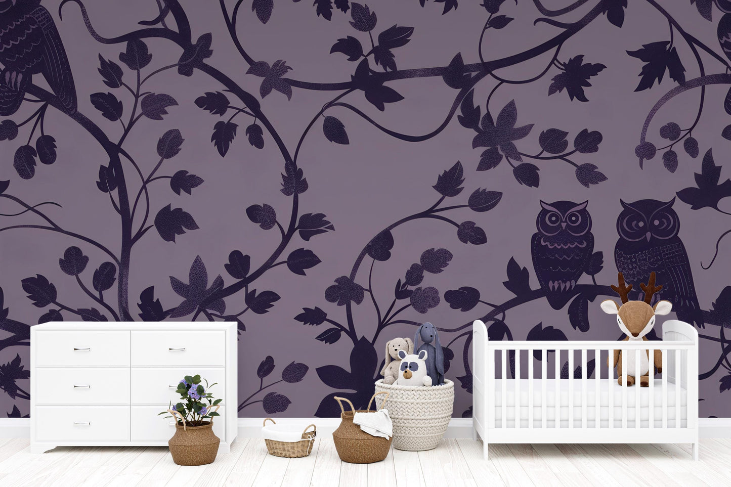 Purple Owl Wallpaper – Whimsical Forest Vine Wall Mural Vn1094