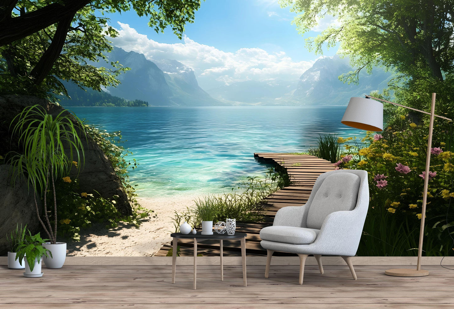 Mountain Lake Pier Wall Mural – Scenic Beach & Crystal Water Landscape Wallpaper  Vn830