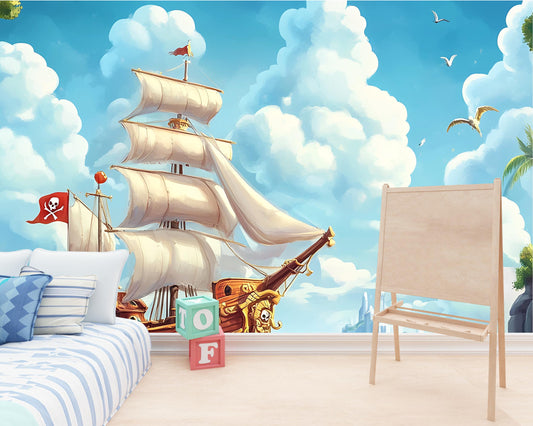 Pirate Ship Kids Wall Mural – Nautical Ocean Adventure Wallpaper for Nursery or Playroom – Cartoon Pirate Decor Vn 311