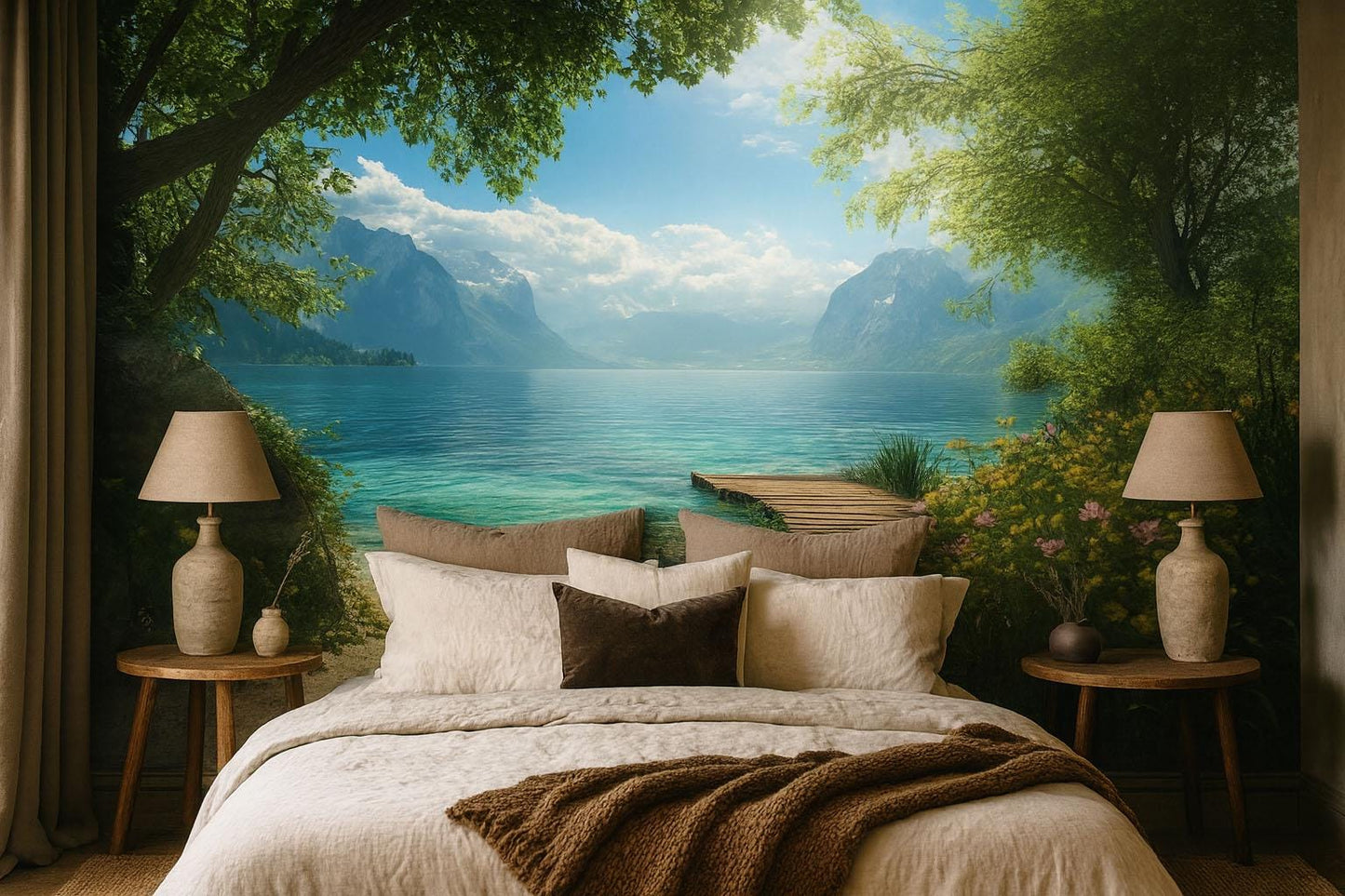 Mountain Lake Pier Wall Mural – Scenic Beach & Crystal Water Landscape Wallpaper  Vn830