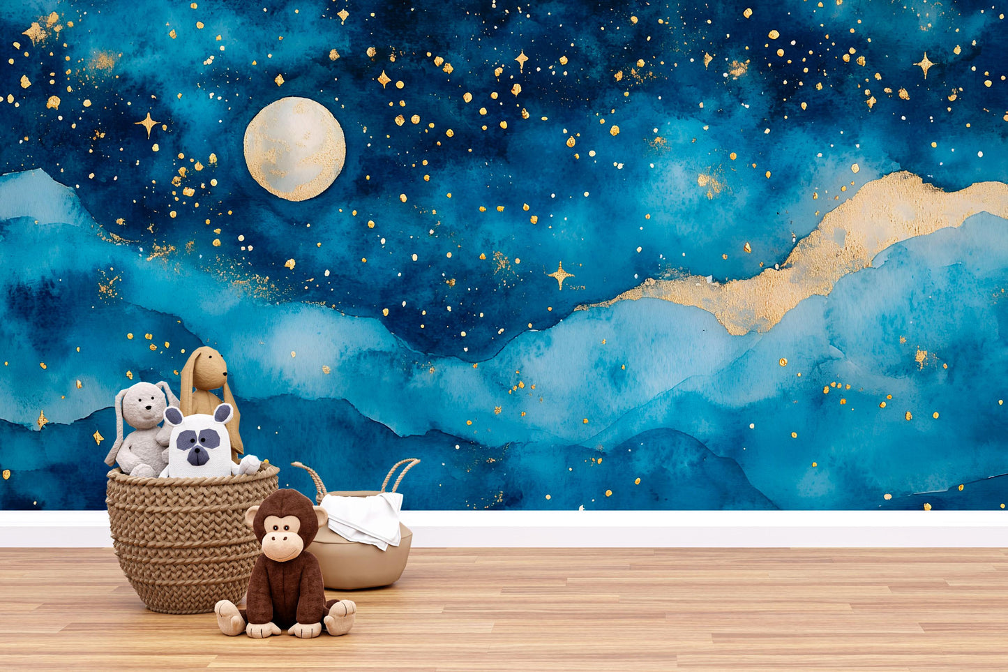 Moon and Stars Wall Mural – Watercolor Night Sky Nursery Wallpaper, Dreamy Accent Wall for Kids Room or Bedroom Vn858