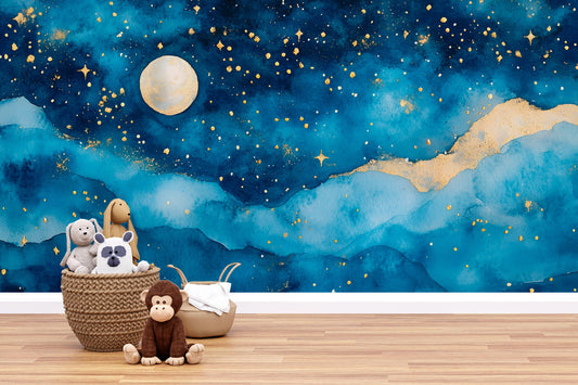 Moon and Stars Wall Mural – Watercolor Night Sky Nursery Wallpaper, Dreamy Accent Wall for Kids Room or Bedroom Vn858