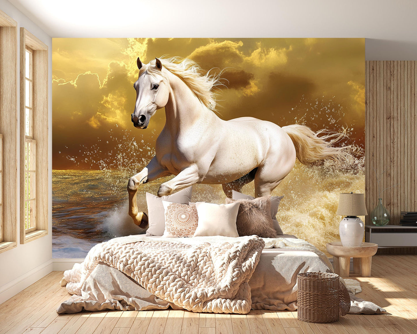 White Stallion Wall Mural – Realistic Galloping Horse in Ocean Waves Wallpaper Vn778